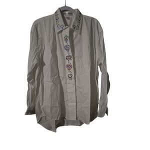 Casey Coleman embroidered white button up shirt floral leaf cottagecore Size M